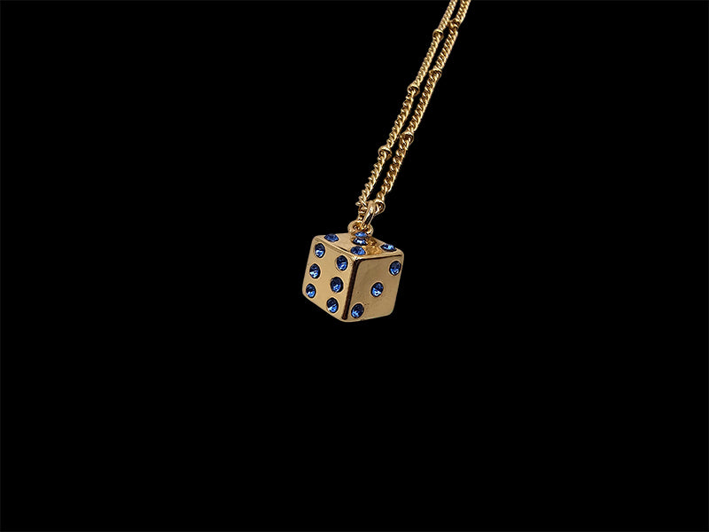 Gold Plated Dice Pendant with Blue CZ Stones