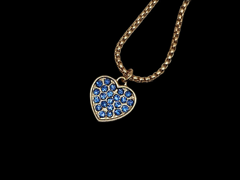 Mini Gold Heart Pendant with Blue CZ Stones and Necklace