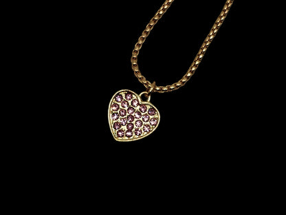 Mini Gold Heart Pendant with Pink CZ Stones and Necklace