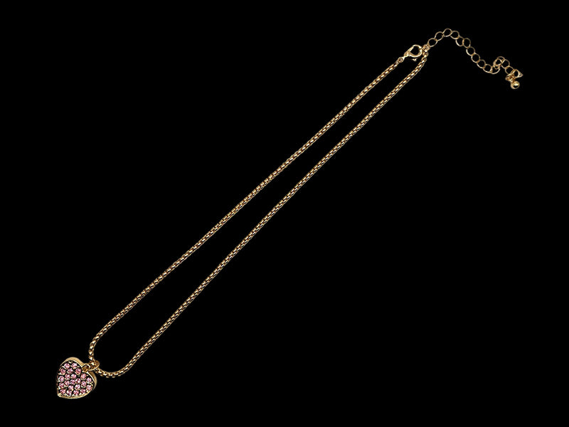 Mini Gold Heart Pendant with Pink CZ Stones and Necklace