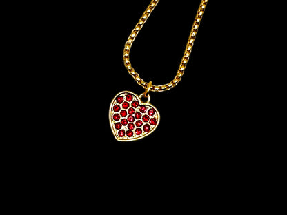 Mini Gold Heart Pendant with Red CZ Stones and Necklace